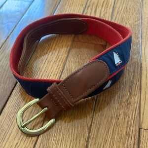 Vintage Preston Sailboat Belt Brass Buckle‎ 34 Leather Nautical Preppy Mens Blue